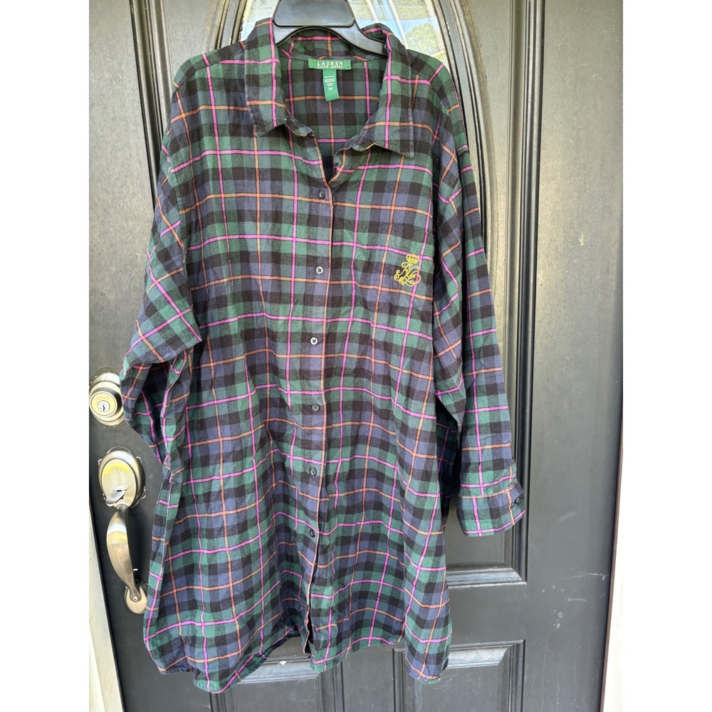 Lauren Ralph Lauren Flannel Sleep Shirt 3X Green Plaid Leopard Collar Logo